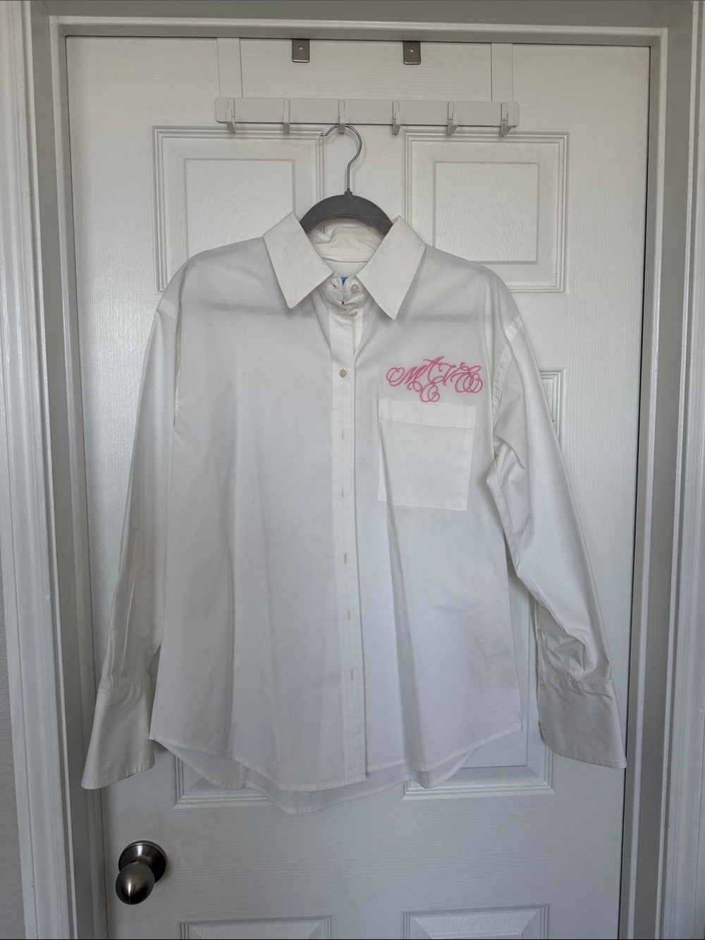 Maeve White Button-Up Shirt with Pink Monogram